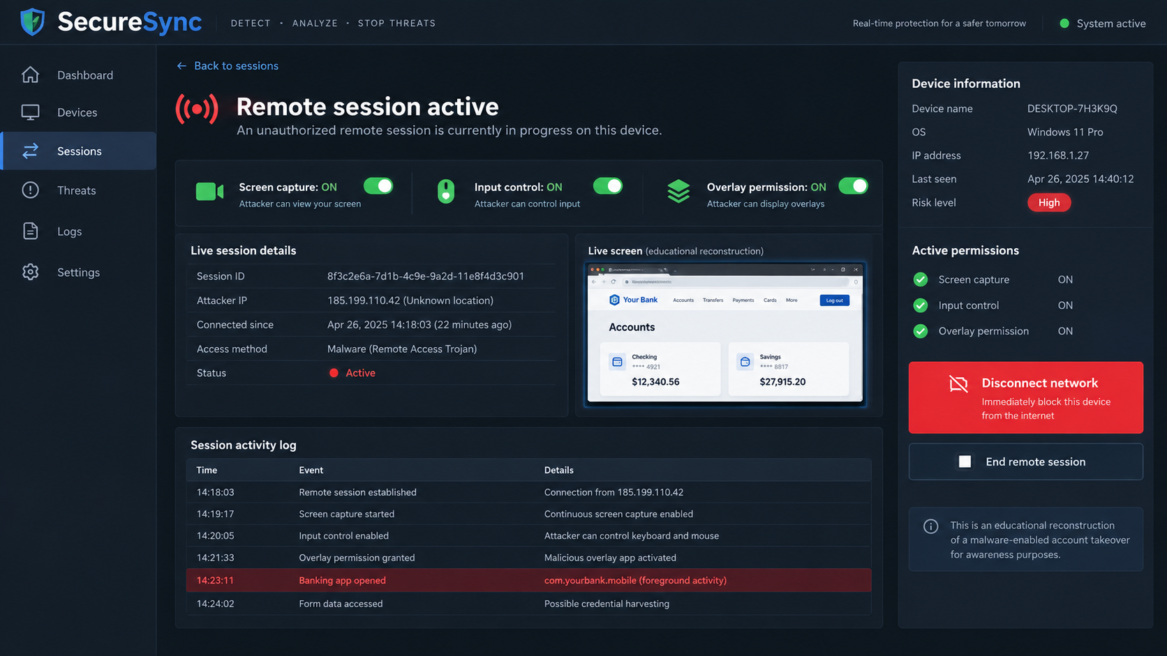 Reconstructed security console showing an unauthorized remote session and banking app access