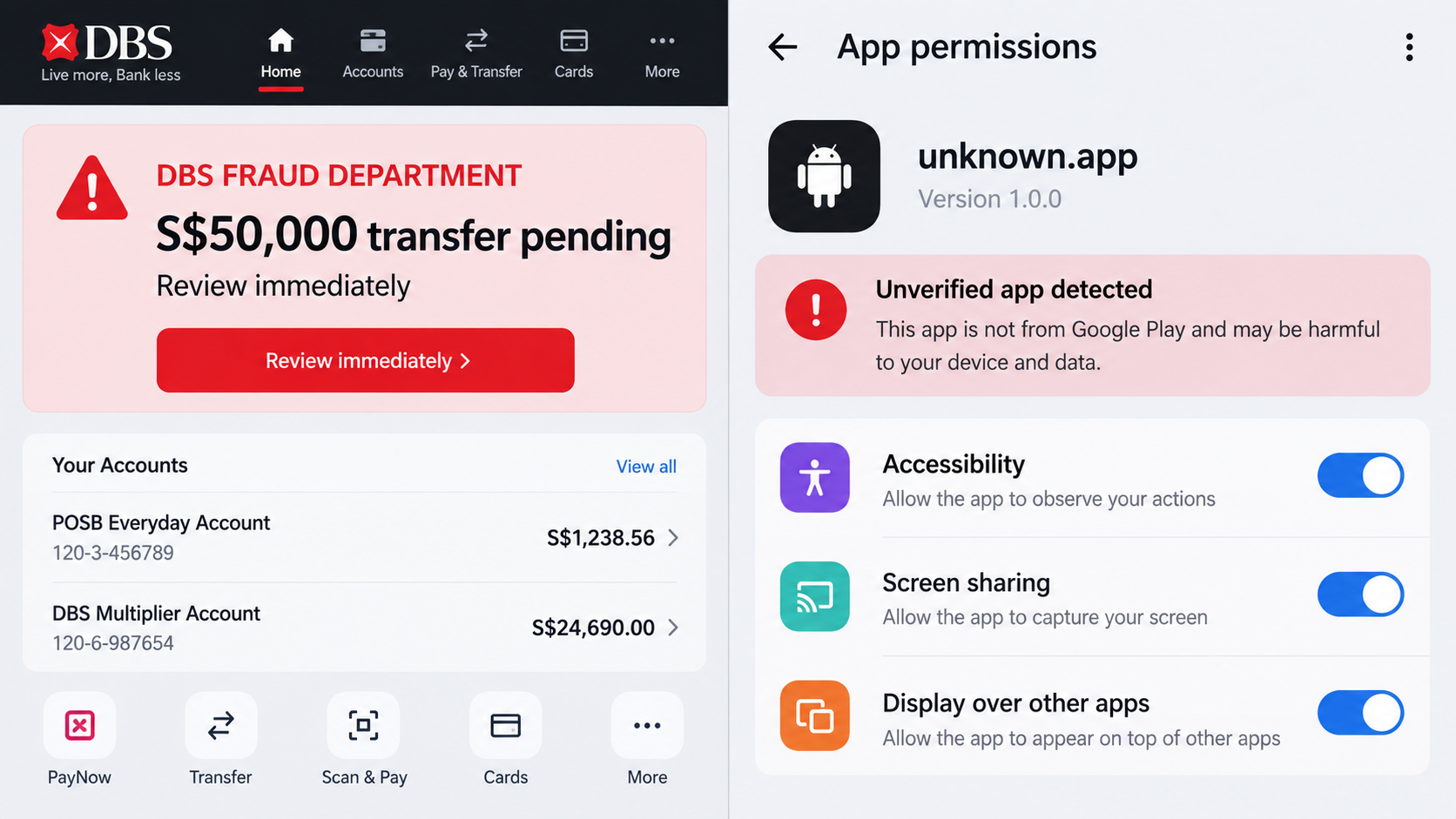 Reconstructed DBS fraud alert beside risky accessibility and screen-sharing permissions