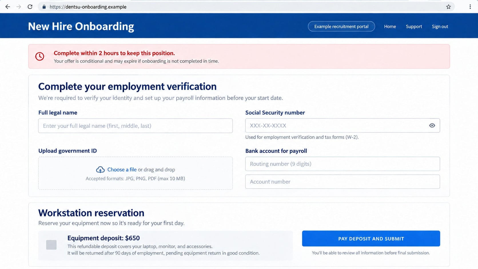 Reconstructed fake Dentsu onboarding portal requesting identity, bank, and equipment payment details