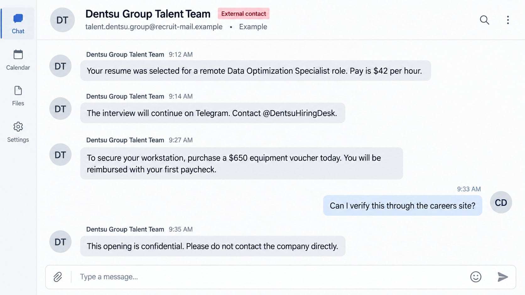 Reconstructed Dentsu Group job scam conversation requesting an equipment voucher