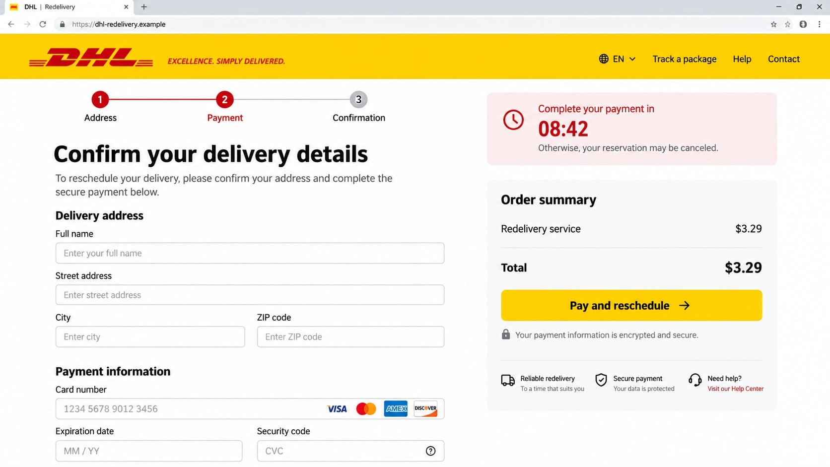 DHL Scam Email Warning: How Fake Delivery Alerts Steal Your Card Details 2 Reconstructed fake DHL redelivery page requesting address and card details for a $3.29 fee