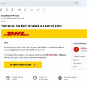 Reconstructed DHL scam email claiming a parcel requires a $3.29 redelivery fee