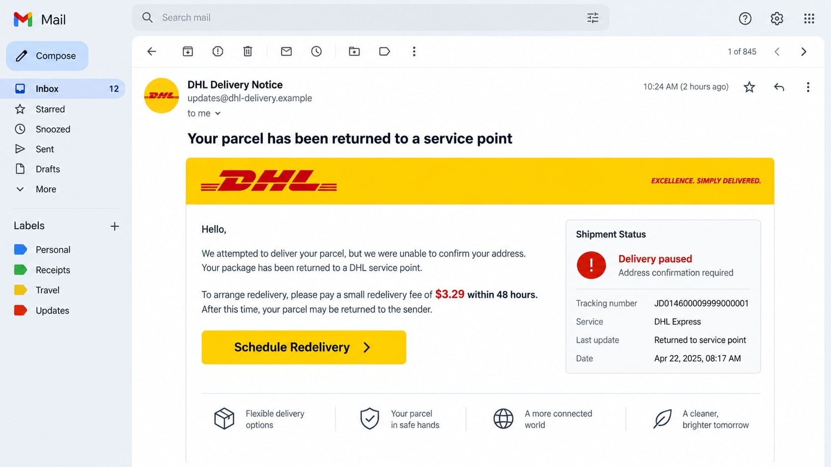 DHL Scam Email Warning: How Fake Delivery Alerts Steal Your Card Details 1 Reconstructed DHL scam email claiming a parcel requires a $3.29 redelivery fee
