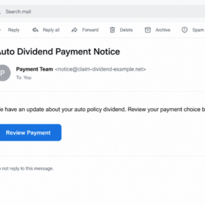 Illustrative reconstruction of a suspicious auto dividend email with a Review Payment button