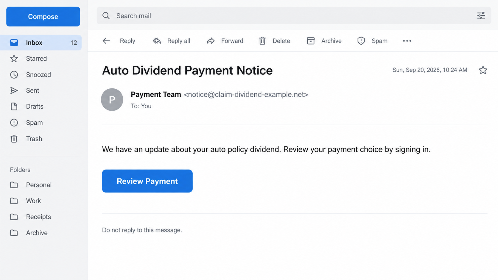 State Farm Dividend Scam: Fake Payout Emails and Lookalike Portal Exposed 1 Illustrative reconstruction of a suspicious auto dividend email with a Review Payment button