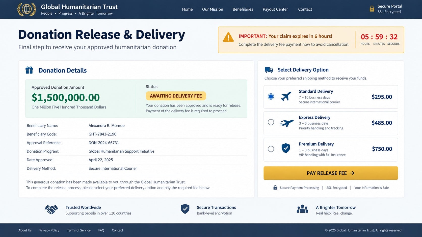 Donovan Tura Donation Scam: How Fake Lottery Gifts Steal Your Money Online 2 Reconstructed fake donation release page demanding a delivery fee before payout