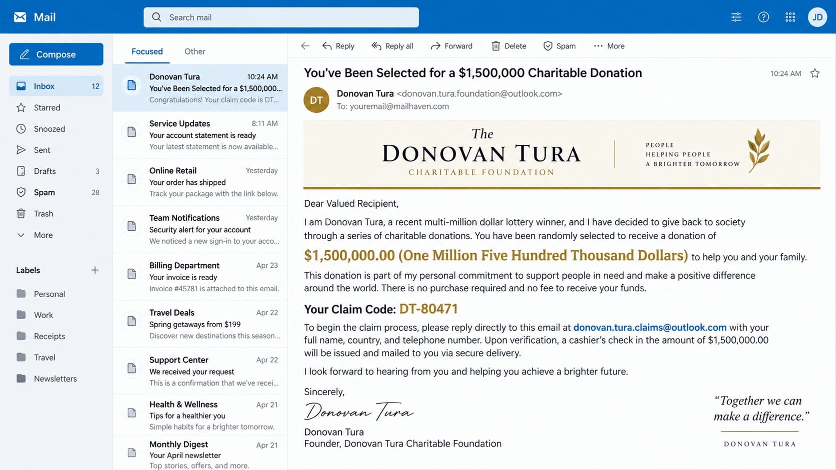 Donovan Tura Donation Scam: How Fake Lottery Gifts Steal Your Money Online 1 Reconstructed Donovan Tura donation scam email promising a large charitable gift