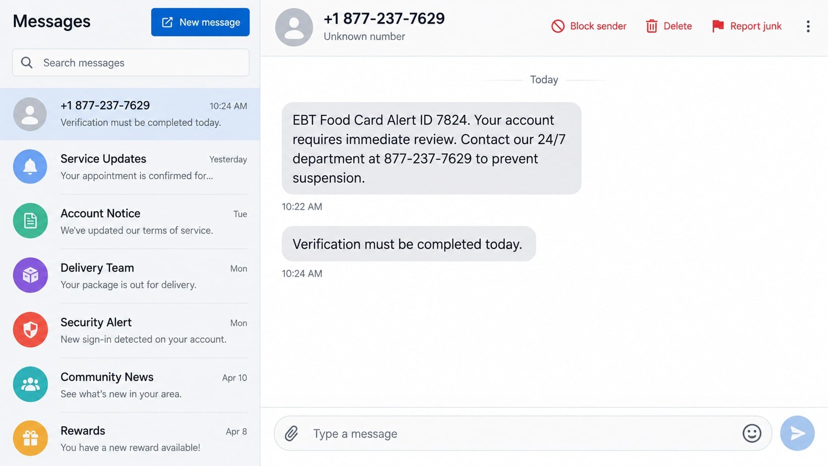 877-237-7629 EBT Text Scam: How the Fake Card Alert Steals Your Benefits 1 Fake EBT Food Card alert directing recipients to call 877-237-7629