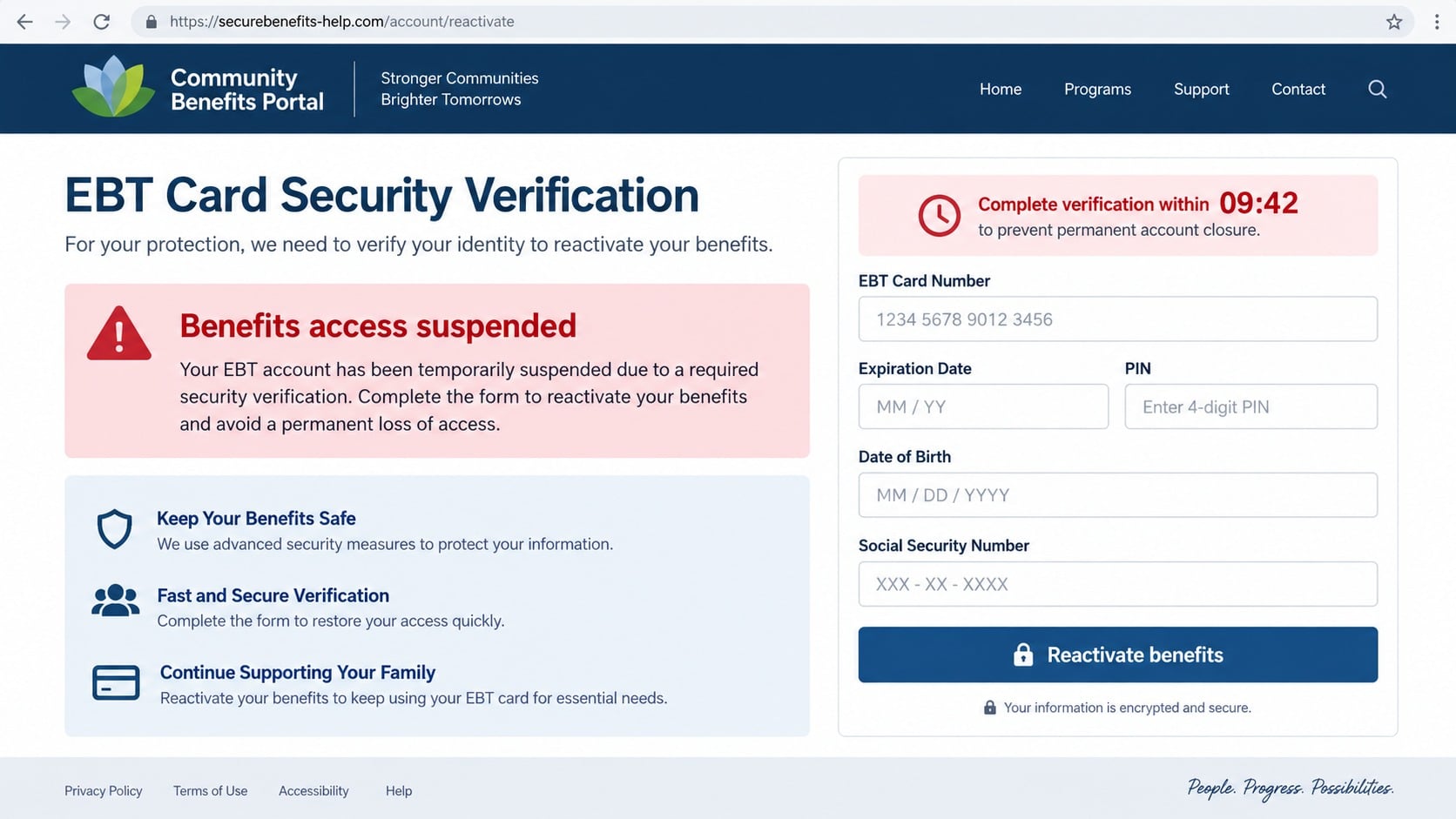877-237-7629 EBT Text Scam: How the Fake Card Alert Steals Your Benefits 2 Fake EBT reactivation page requesting a card number, PIN, and Social Security number
