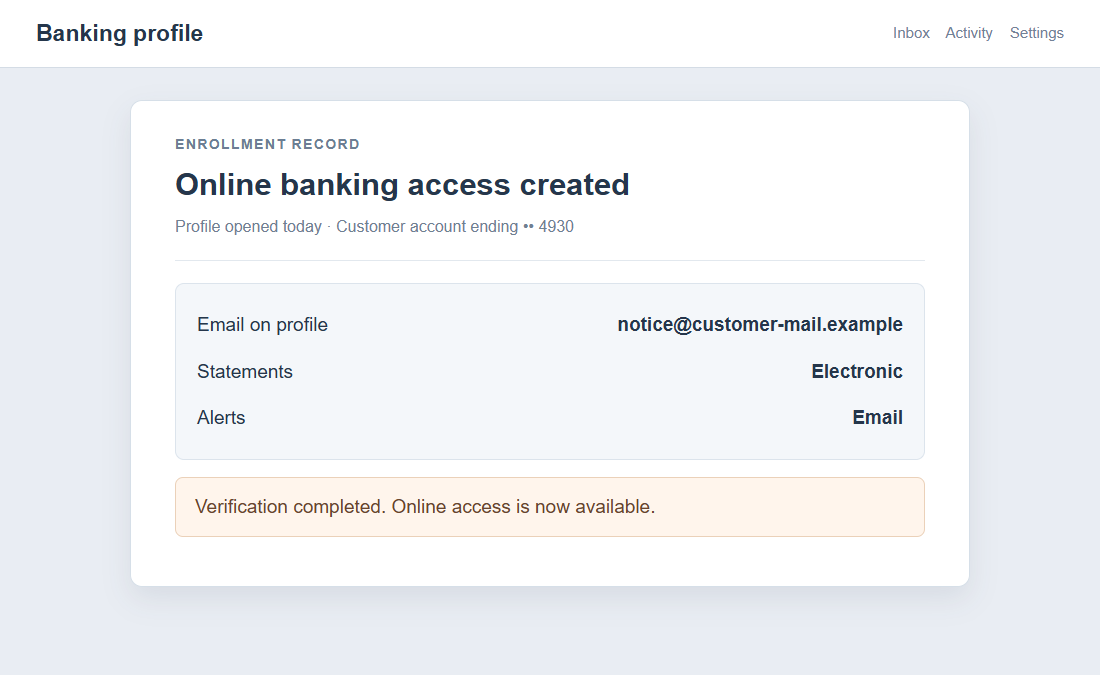 Flat on-screen reconstruction of an online banking enrollment notice for an unfamiliar email