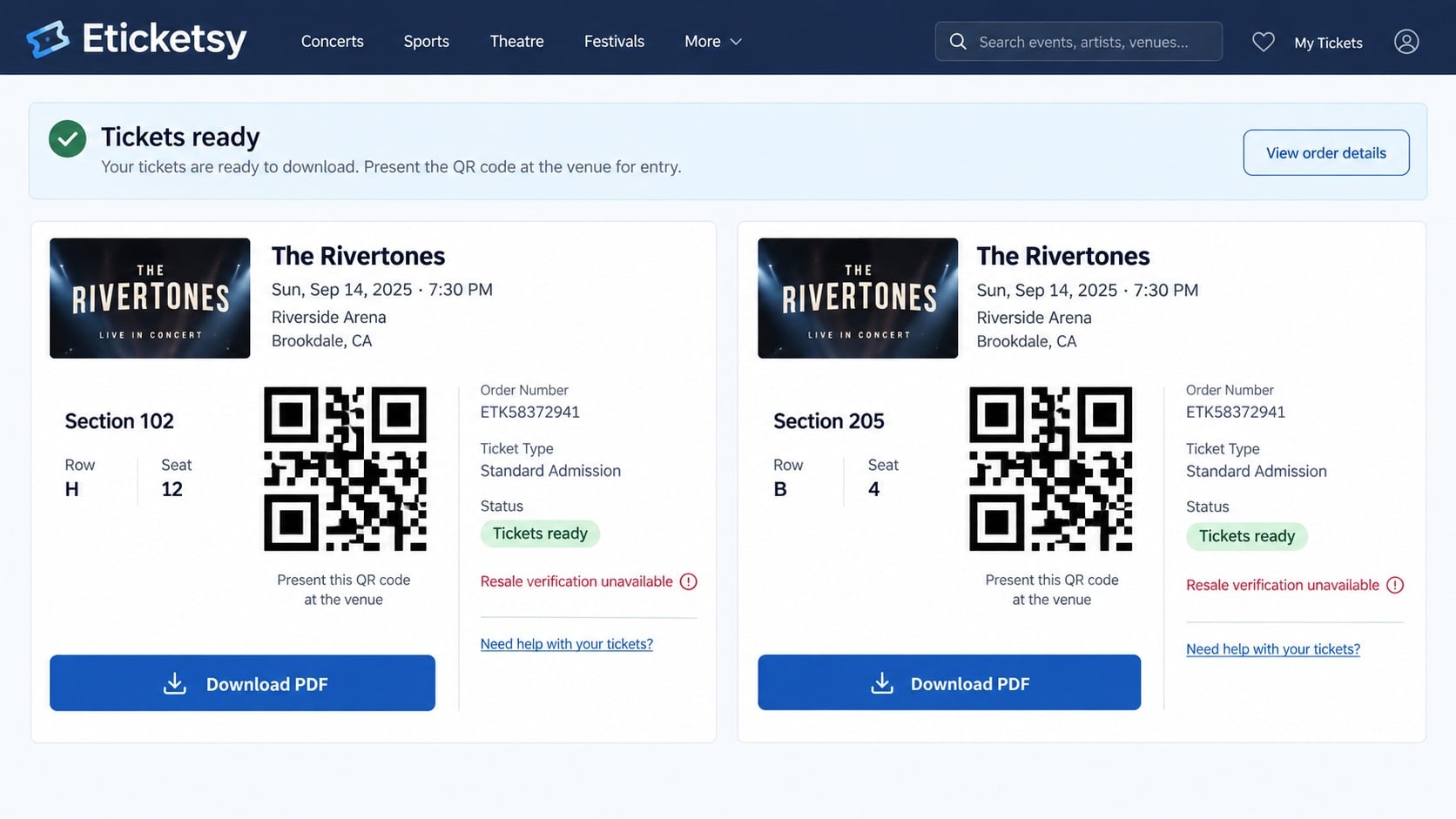 Eticketsy Scam Warning: How the Fake Concert Ticket Site Takes Your Money 2 Eticketsy ticket delivery page showing the same QR pattern for different seats