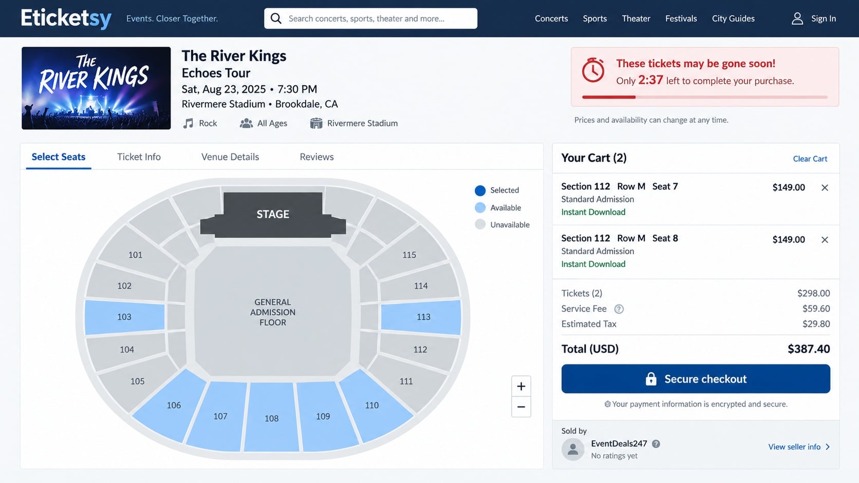Eticketsy Scam Warning: How the Fake Concert Ticket Site Takes Your Money 1 Eticketsy ticket checkout showing two concert seats and an urgent countdown