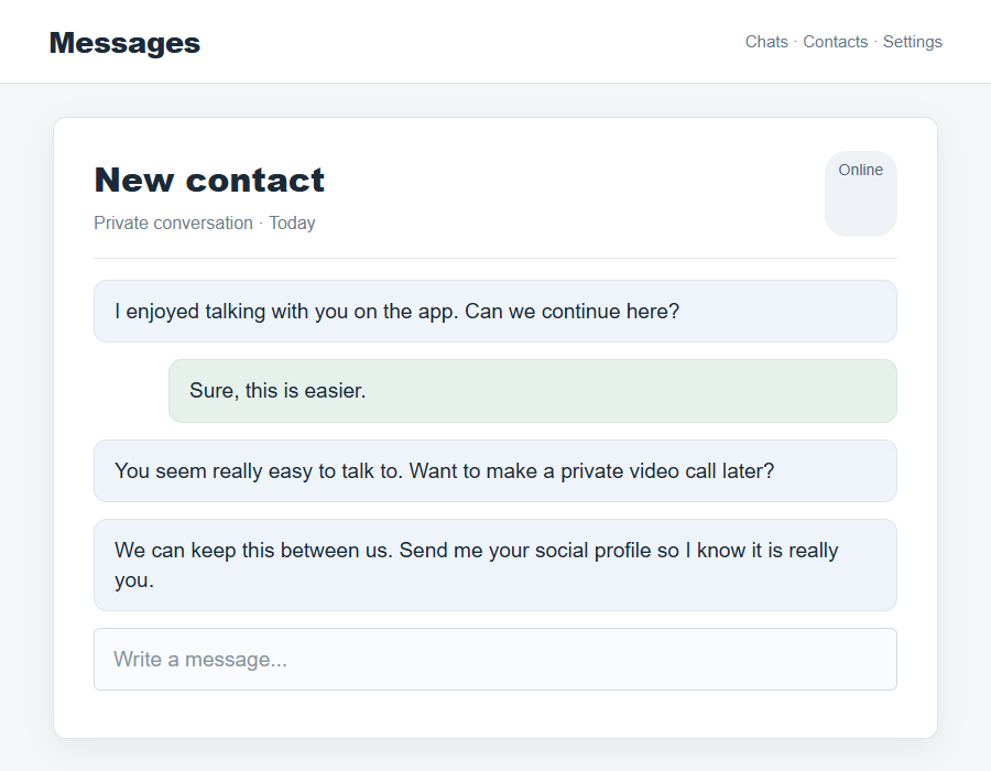Flat message screenshot illustrating a new online contact moving a conversation to private messaging