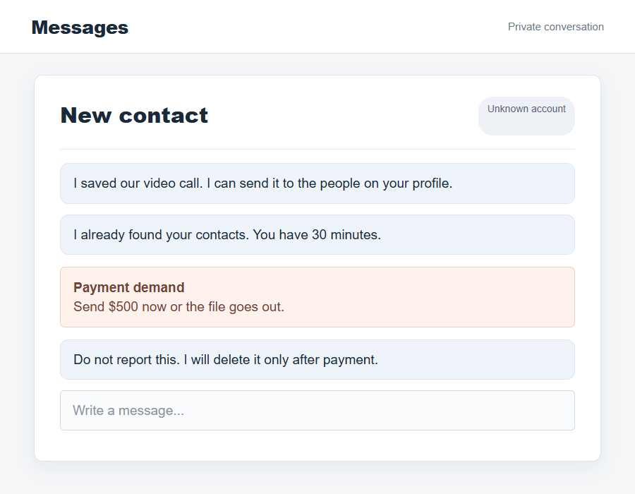 Flat message screenshot illustrating a threat to send private material to contacts unless money is paid