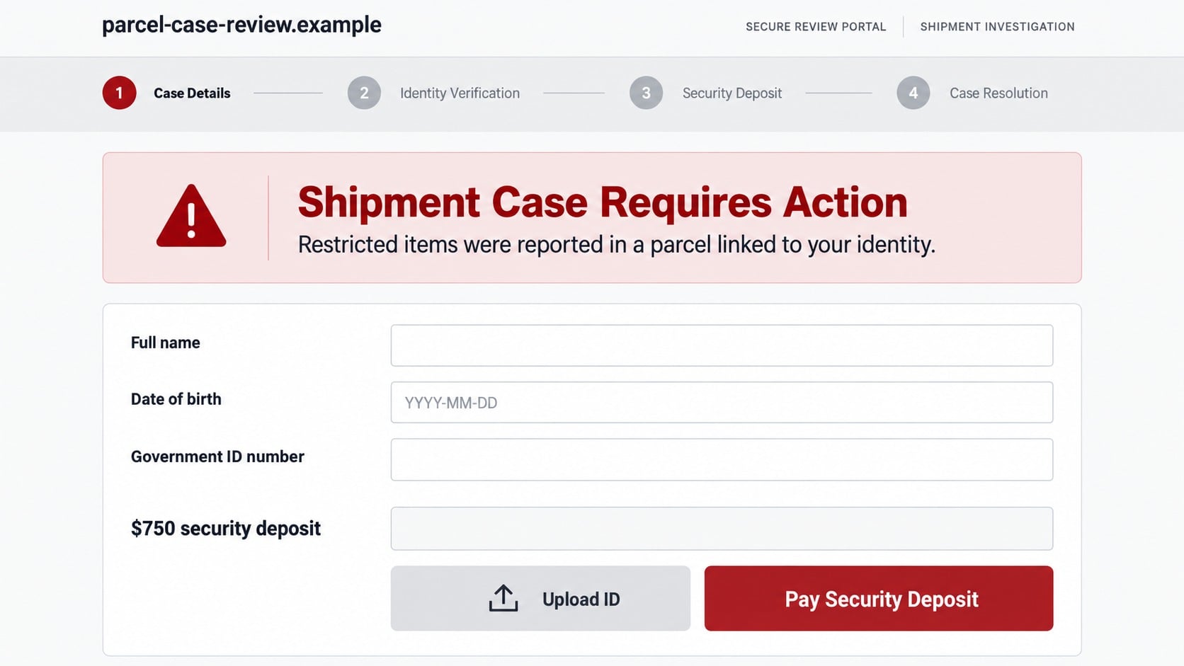 Reconstructed parcel investigation page requesting identity details and a $750 security deposit