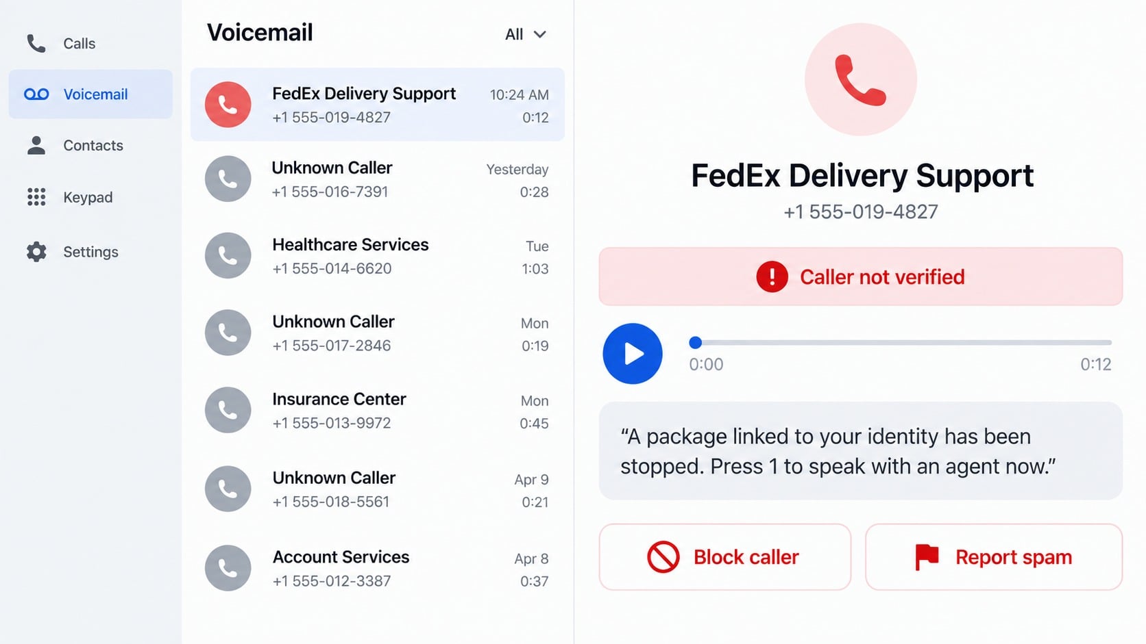 Reconstructed FedEx scam voicemail warning that a parcel linked to the recipient was stopped