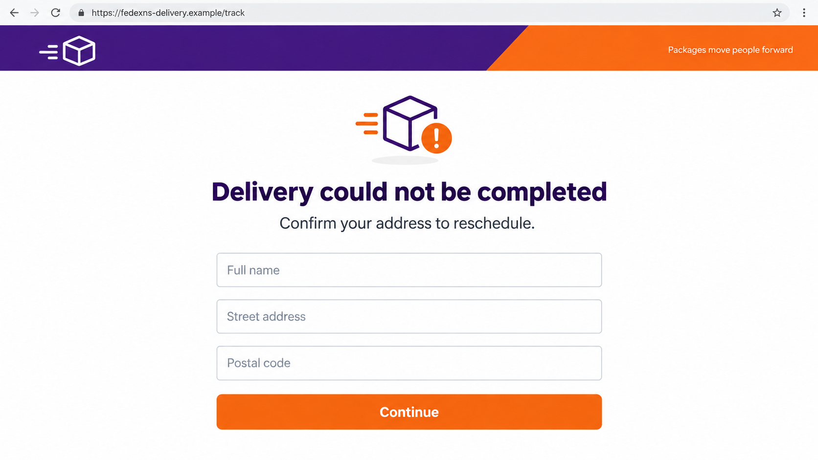 Illustrative reconstruction of a counterfeit FedEx-style redelivery payment page on a nonfunctional example domain