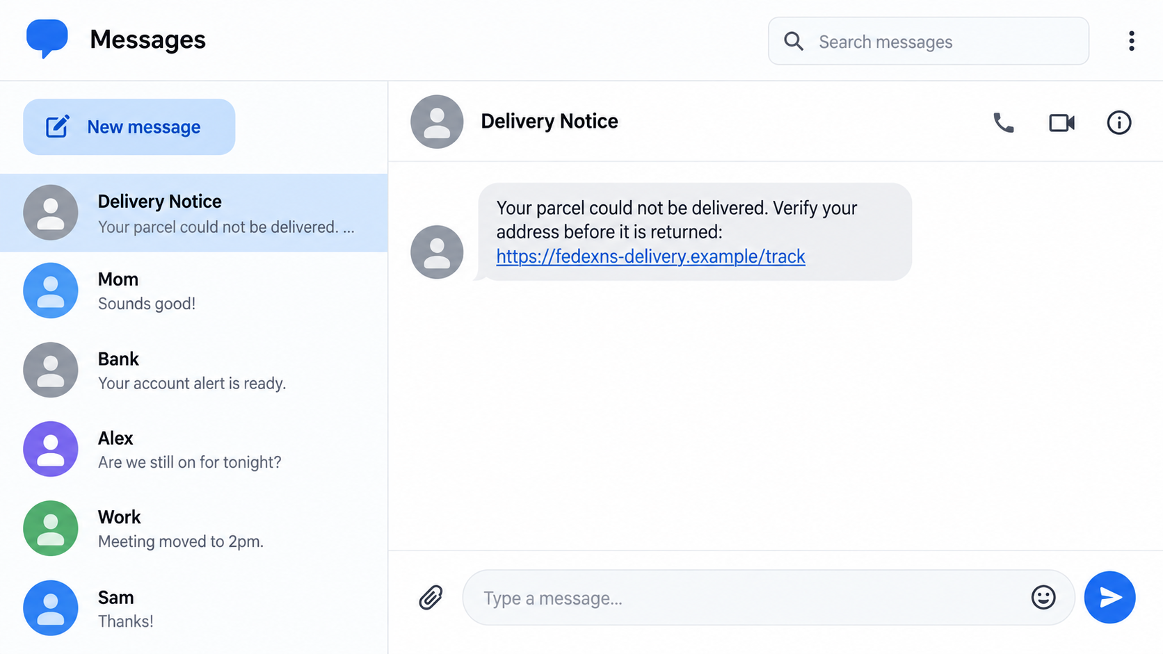 Illustrative reconstruction of a fake FedExNS delivery text displayed as a flat on-screen conversation