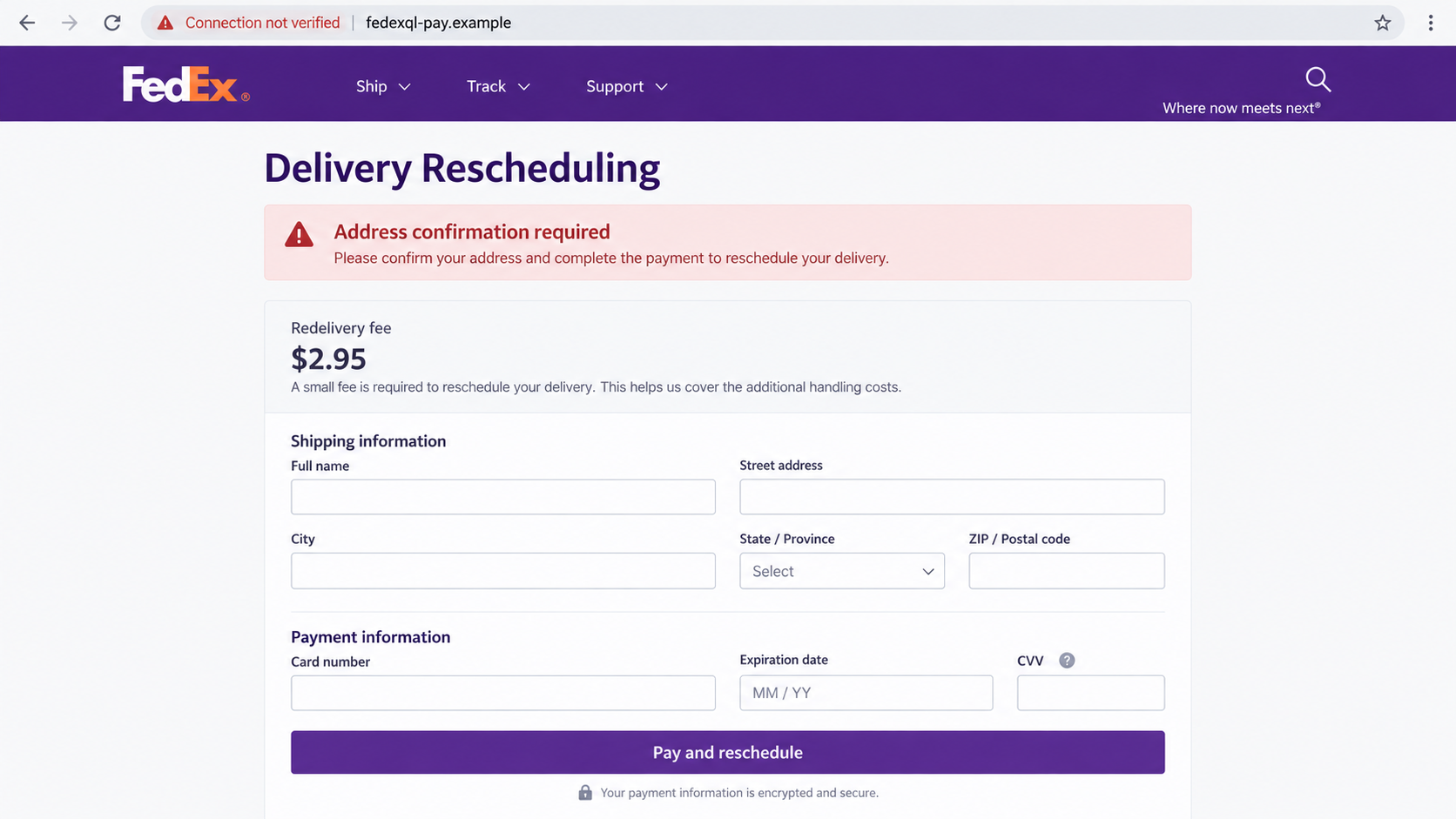 FedExql Scam Texts: How Fake Delivery Links Steal Your Card and Identity 2 Reconstructed fedexql delivery payment page requesting address and card information