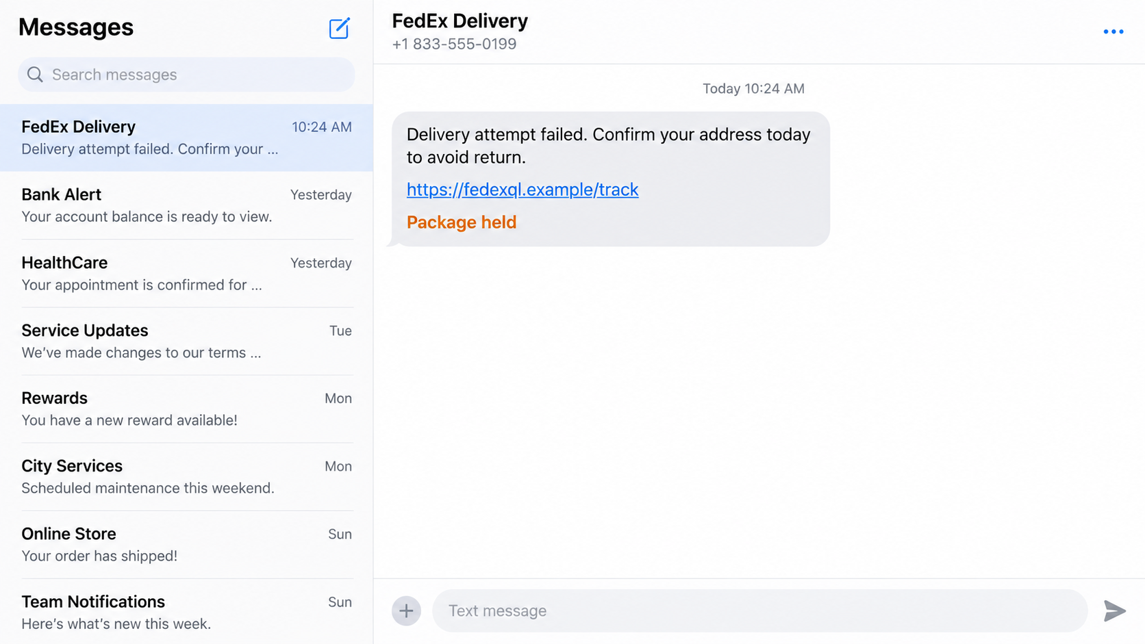 FedExql Scam Texts: How Fake Delivery Links Steal Your Card and Identity 1 Reconstructed fake FedEx delivery message containing a fedexql phishing link
