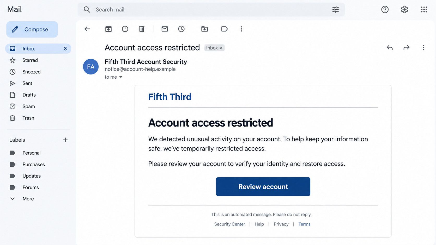 Fifth Third Bank Account Restricted Scam: The Fake Login Email Explained 1 Illustrative reconstruction of a fake Fifth Third account restricted email with a review account button