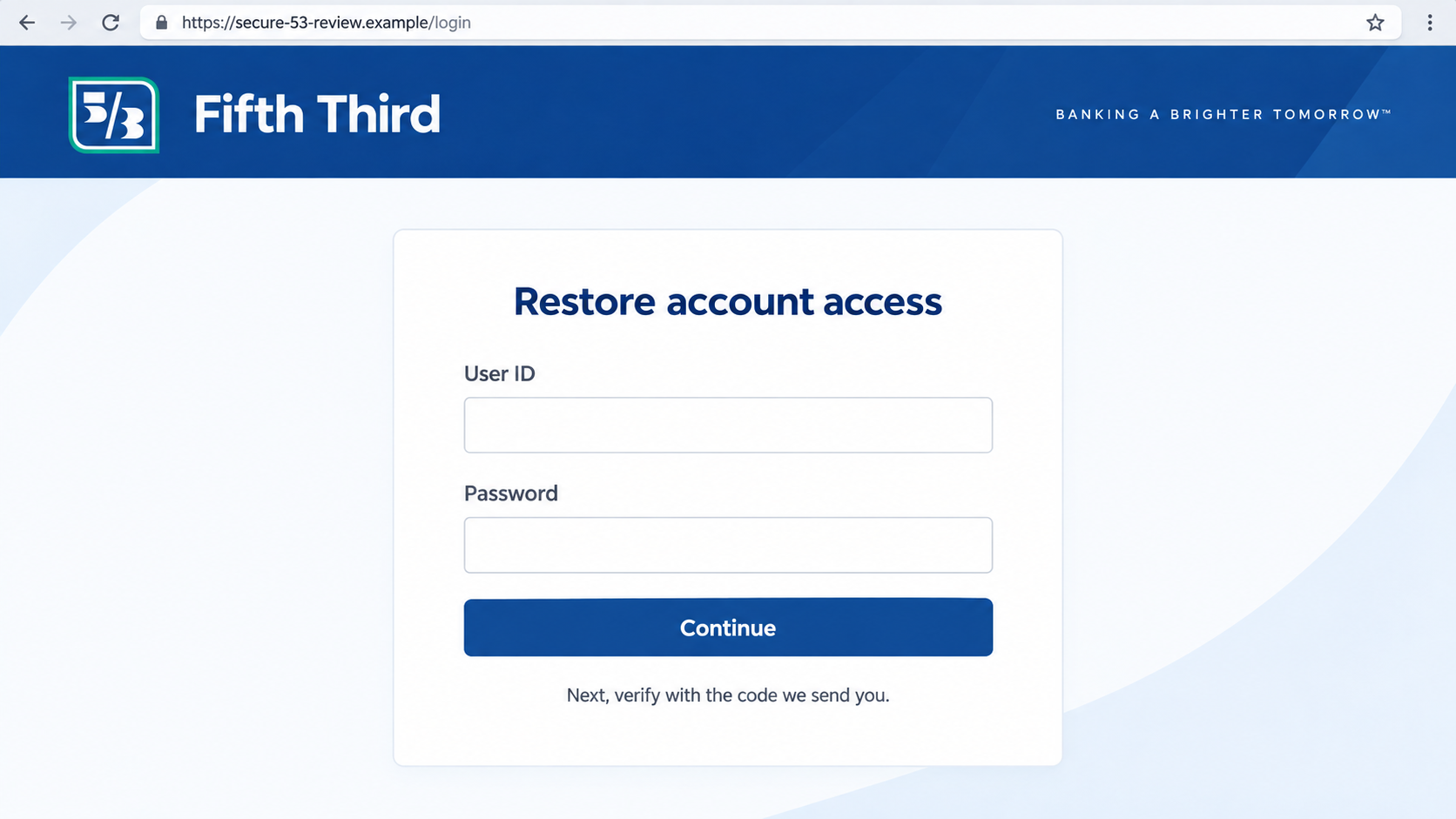 Fifth Third Bank Account Restricted Scam: The Fake Login Email Explained 2 Illustrative reconstruction of a counterfeit Fifth Third login page on a nonfunctional example domain