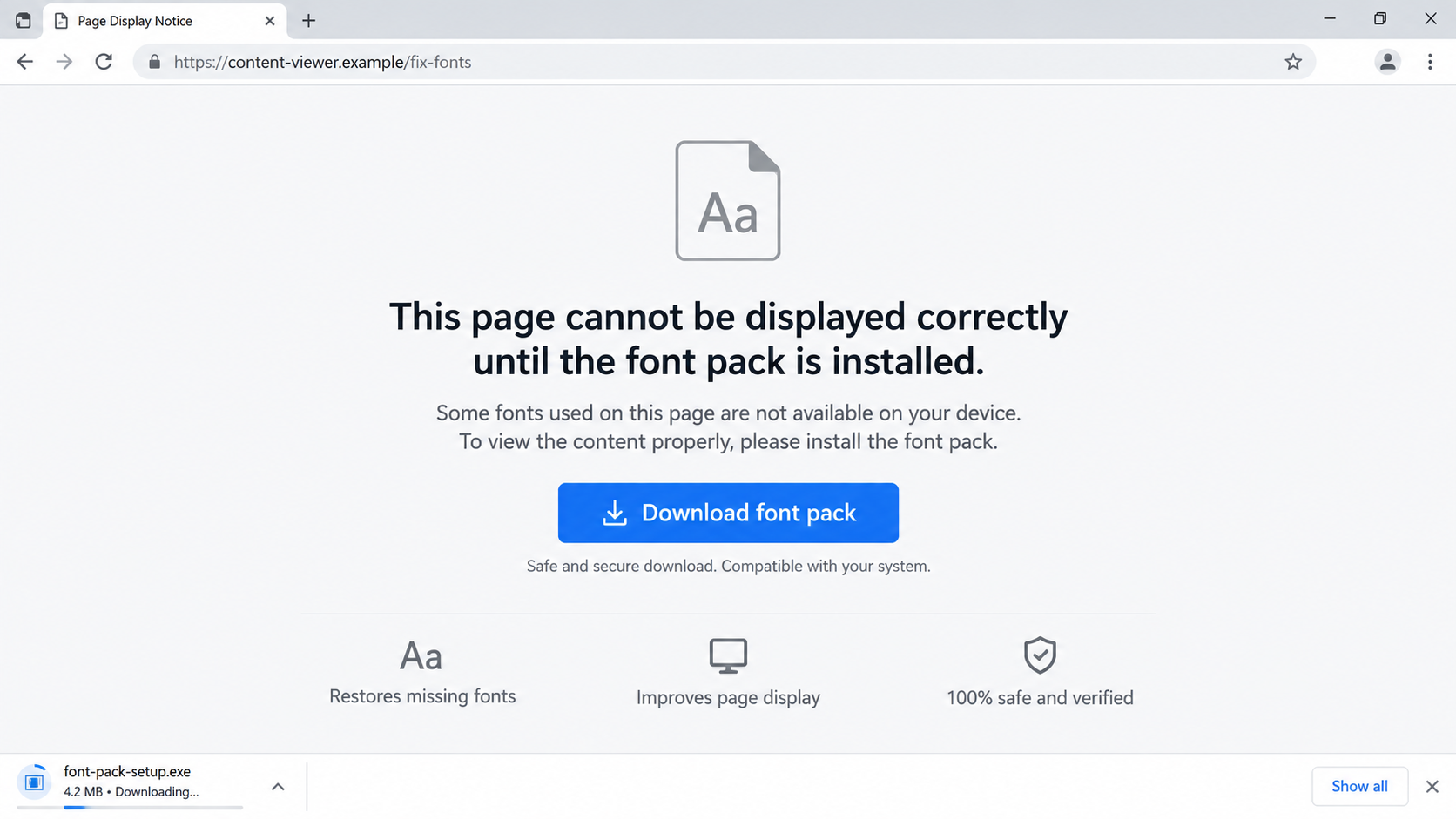 Illustrative reconstruction of a web page falsely claiming a font pack is needed to display content