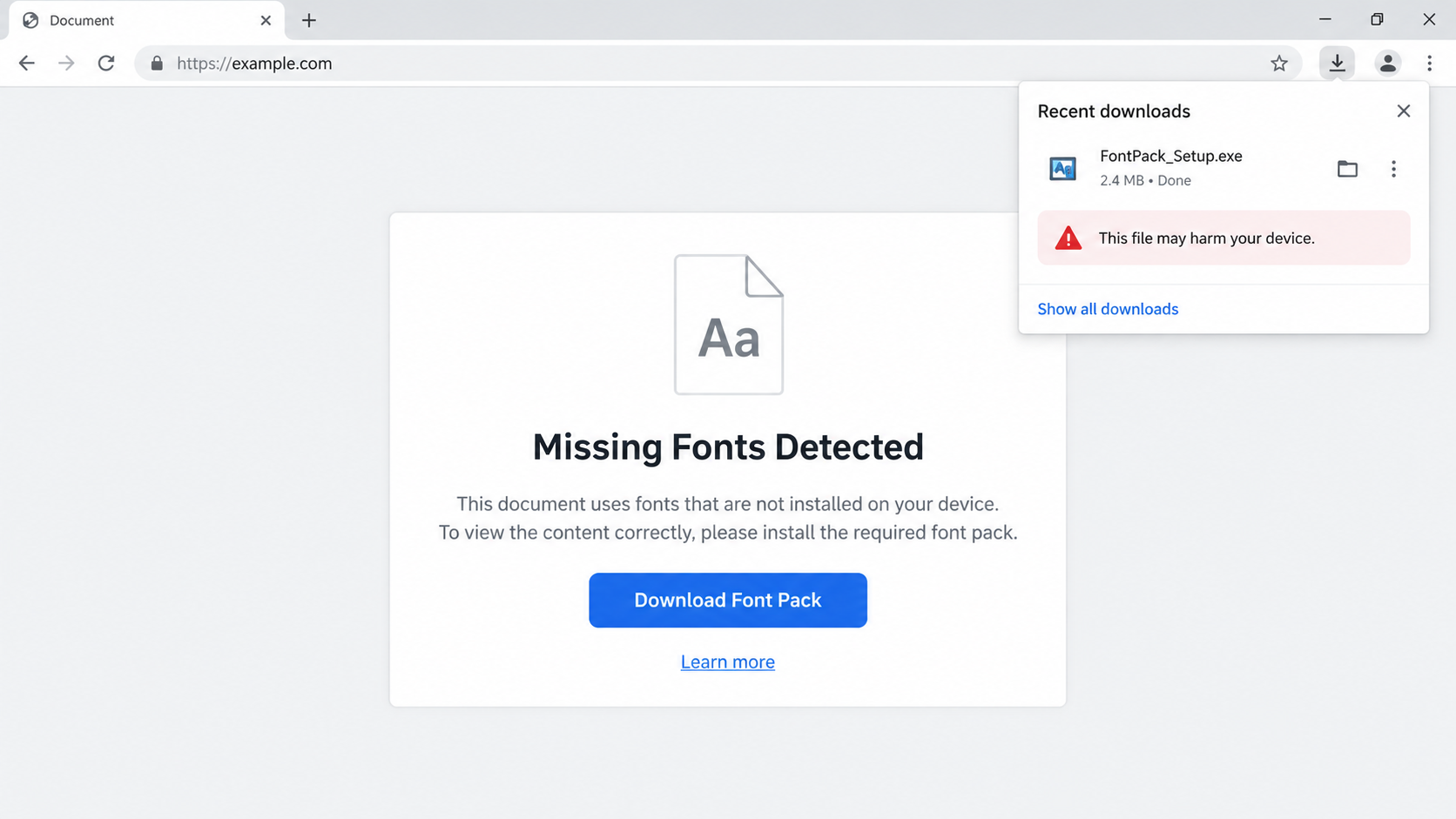 Illustrative reconstruction of a suspicious font installer download and browser harm warning