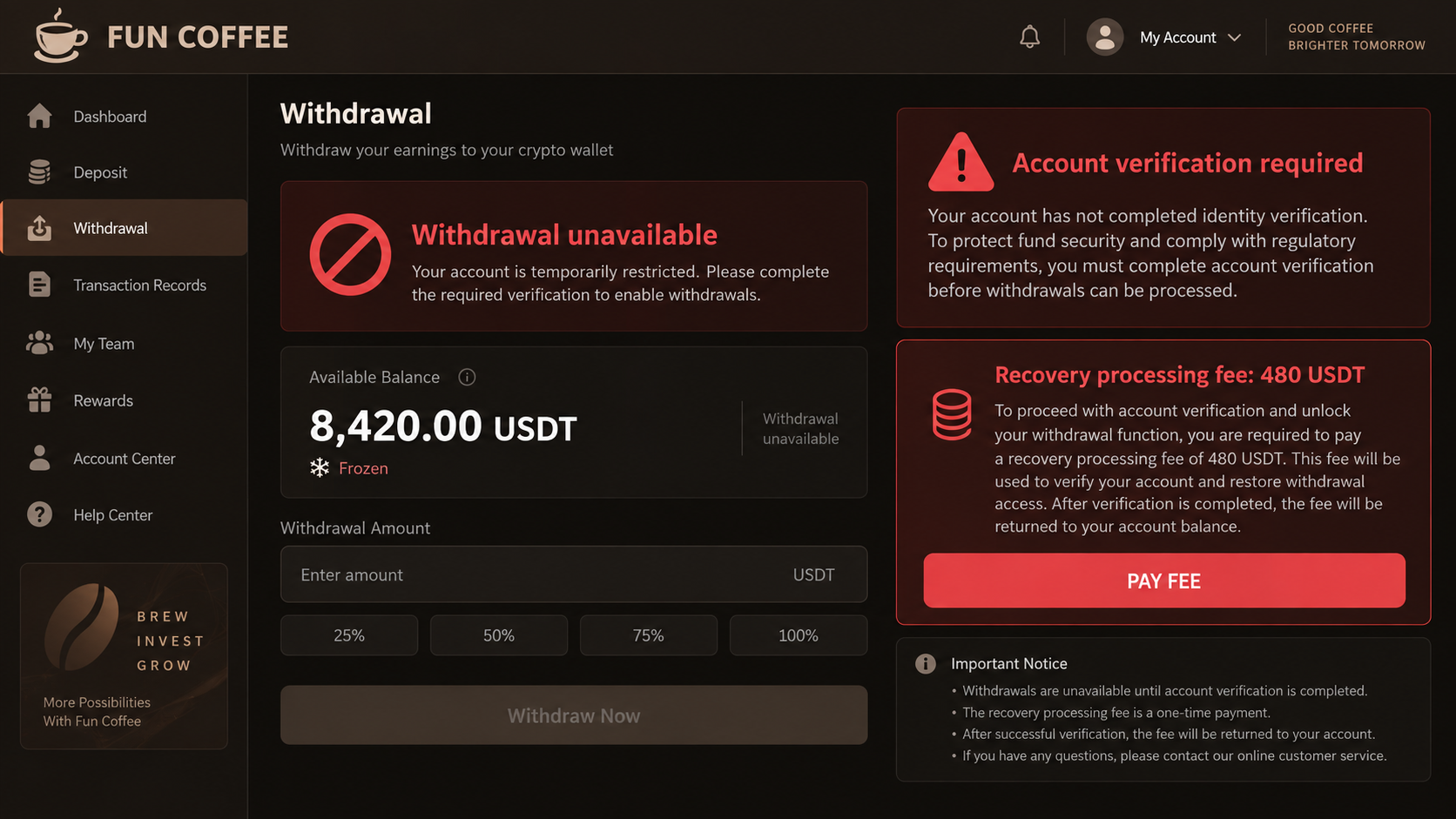 Reconstructed Fun Coffee withdrawal screen showing a frozen USDT balance and a recovery fee demand