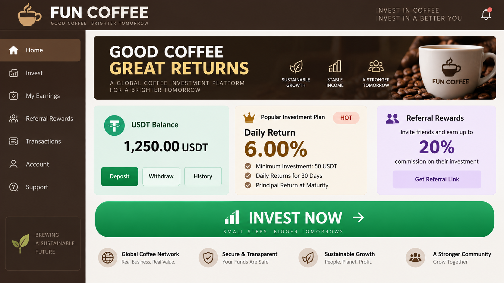 Reconstructed Fun Coffee investment app promising high USDT returns and referral rewards