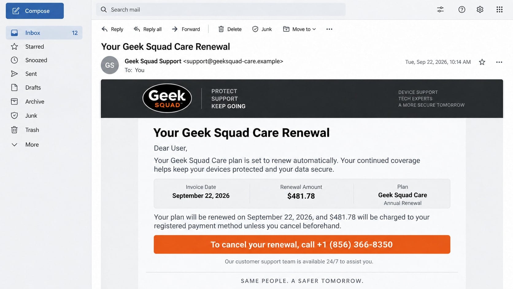 Reconstructed Geek Squad renewal scam email showing the 1-856-366-8350 callback number