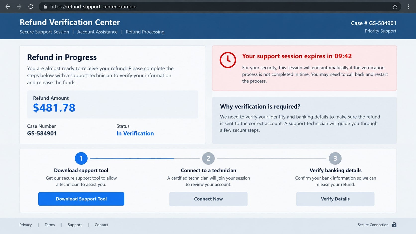 Reconstructed fake refund portal requesting a support tool and banking verification