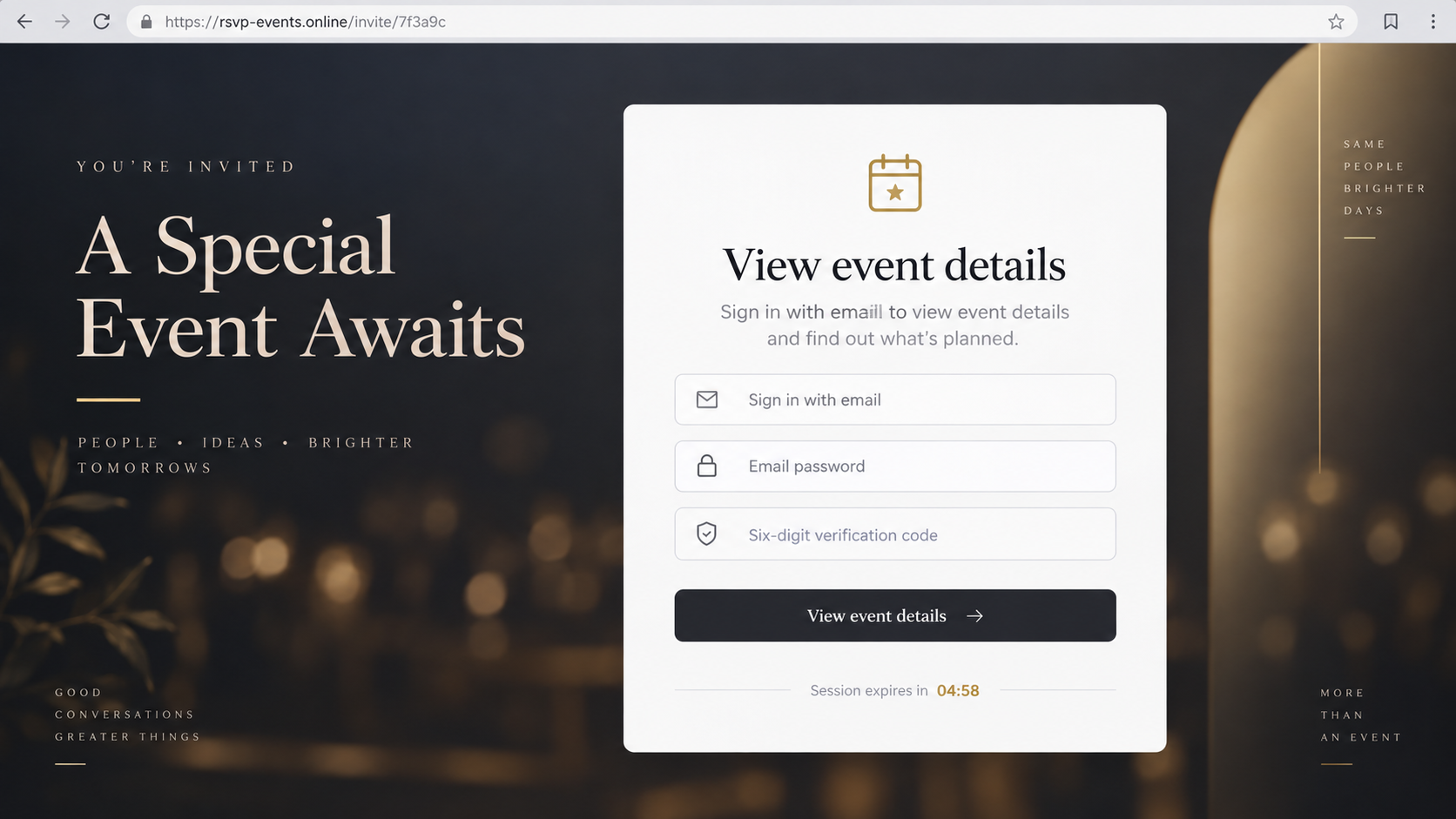 Reconstructed fake RSVP page requesting an email password and six-digit verification code