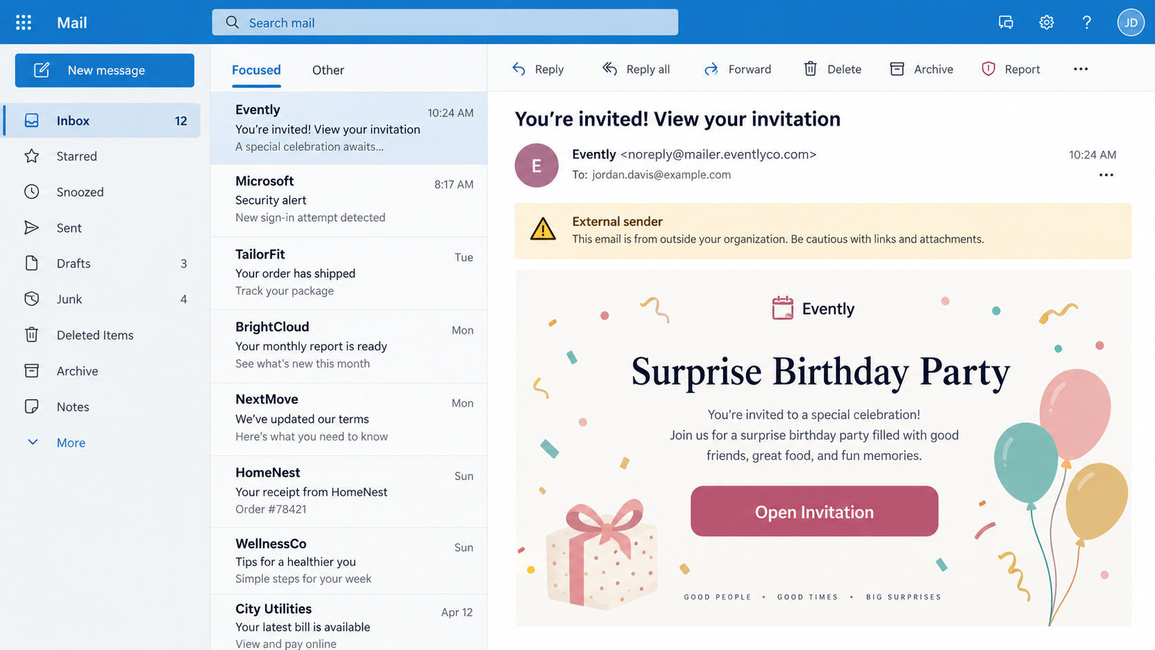 Reconstructed fake online invitation email leading to a fraudulent event page