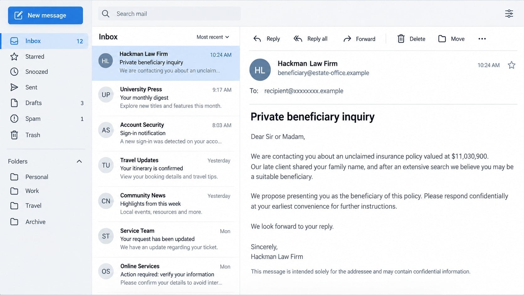 Hackman Law Firm Letter Scam: The $11 Million Insurance Payout Explained 1 Reconstructed message using the Hackman Law Firm name to offer a share of an unclaimed insurance policy