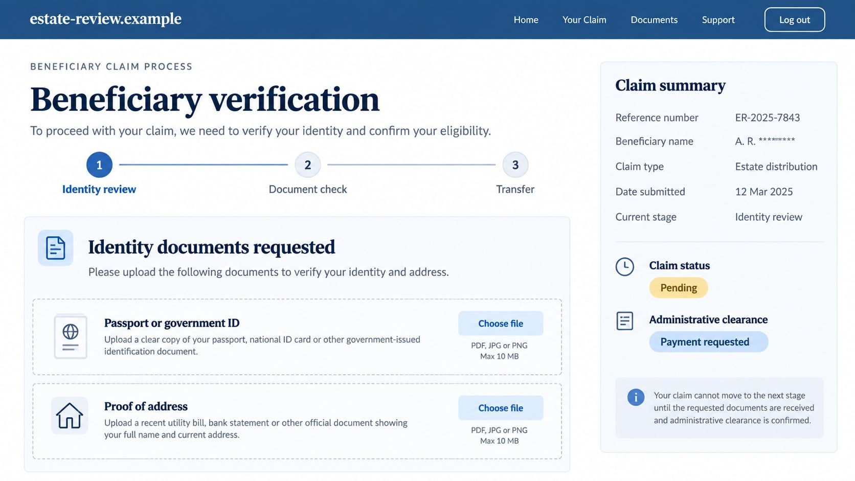 Hackman Law Firm Letter Scam: The $11 Million Insurance Payout Explained 2 Reconstructed generic beneficiary verification page illustrating possible identity and payment demands