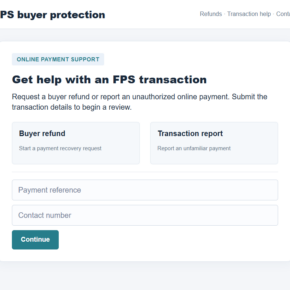 Flat on-screen illustration of a fake FPS buyer protection page offering a refund and transaction support