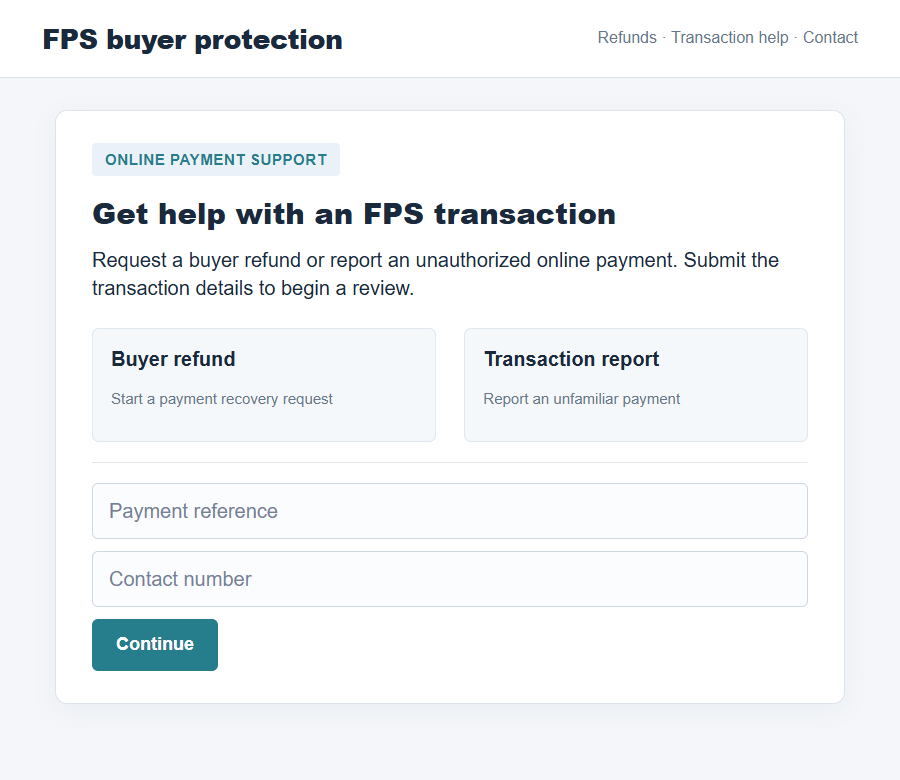 HKICL Buyer Online Protection Scam: Fake FPS Refund Sites and WhatsApp Trap 1 Flat on-screen illustration of a fake FPS buyer protection page offering a refund and transaction support