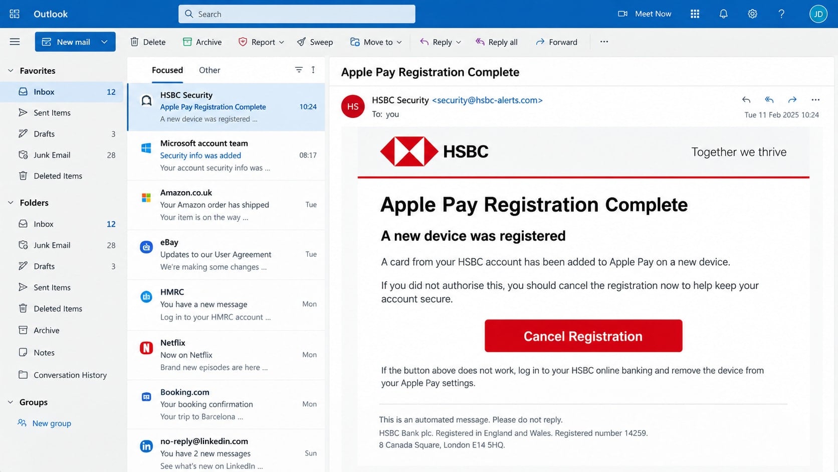 HSBC Apple Pay Registration Email Scam: How the Fake Alert Steals Logins 1 Reconstructed phishing email claiming that an HSBC card was registered with Apple Pay