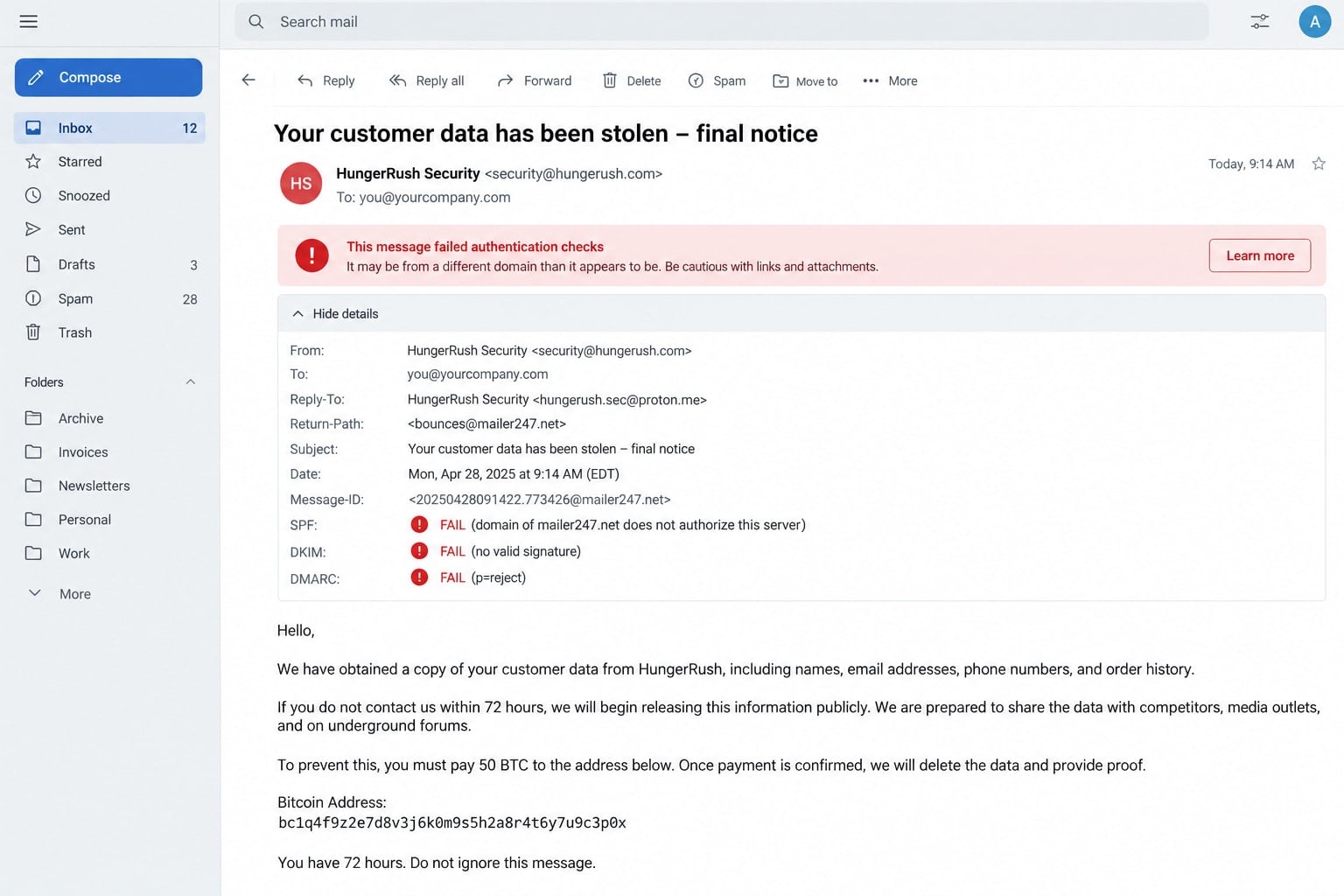 HungerRush Threat Email Scam: What the Data Extortion Message Really Means 2 Reconstructed email headers revealing an unrelated return path and reply address in a HungerRush impersonation