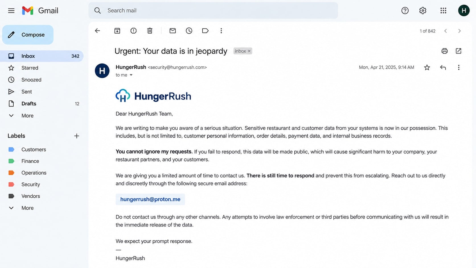HungerRush Threat Email Scam: What the Data Extortion Message Really Means 1 Reconstructed threatening email impersonating HungerRush and claiming customer data was stolen