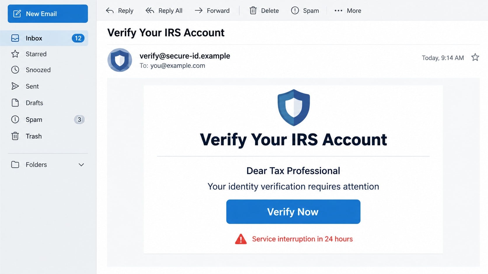 ID.me IRS Verification Scam Email: How Fake Alerts Steal Your Identity 1 Reconstructed phishing email claiming an ID.me account must be verified for IRS access