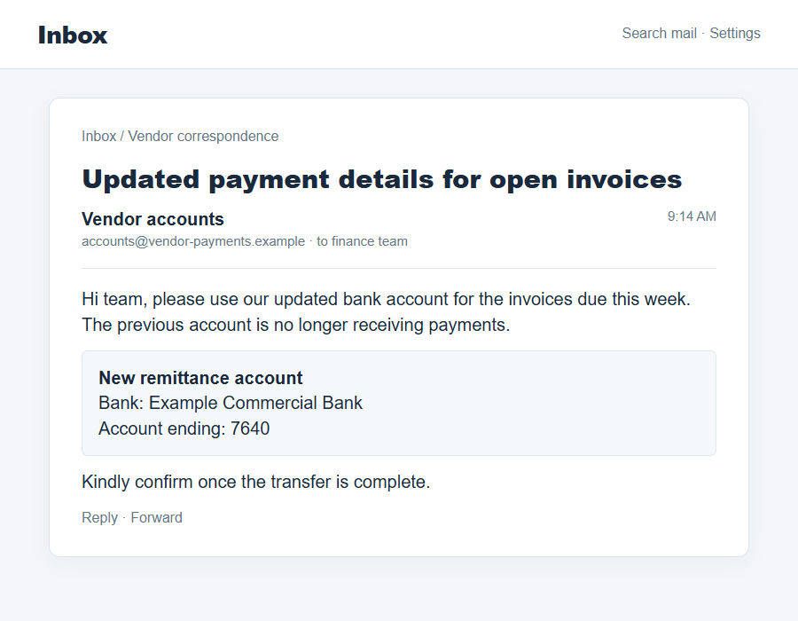Flat on-screen illustration of a vendor email requesting payment to changed bank details