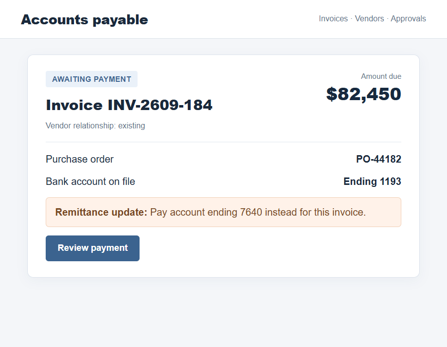 Flat on-screen illustration of an invoice panel highlighting a changed bank account for payment