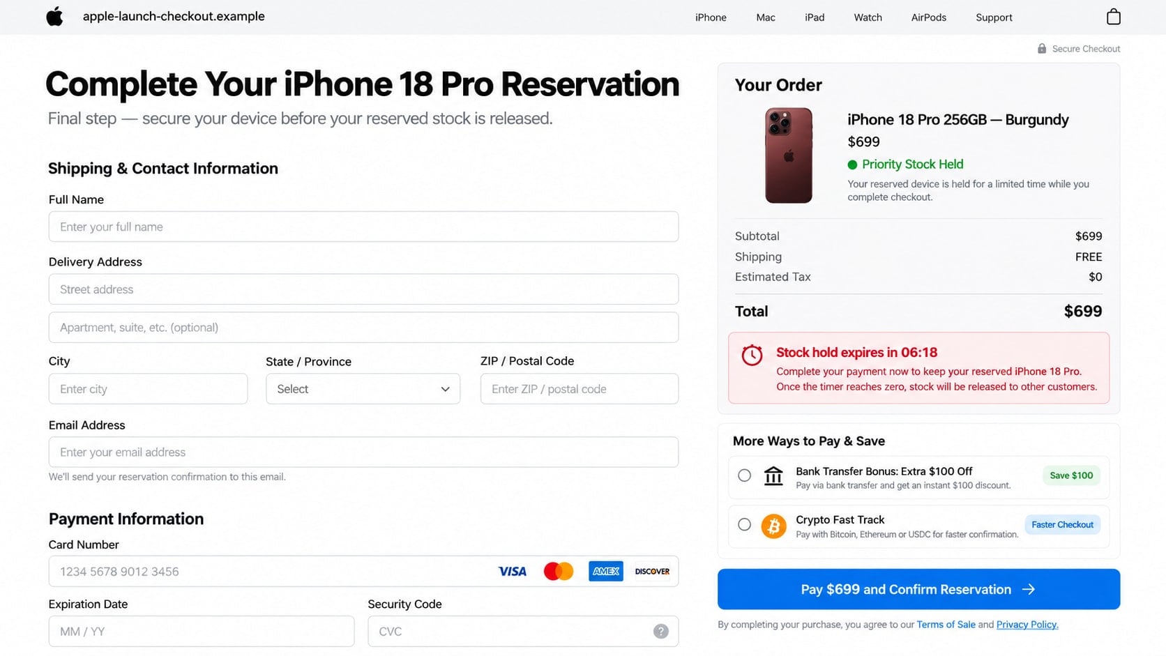 iPhone 18 Pro Preorder Scam: How Fake Apple Stores Steal Your Money Today 2 Reconstructed fake iPhone 18 Pro checkout requesting payment for reserved stock