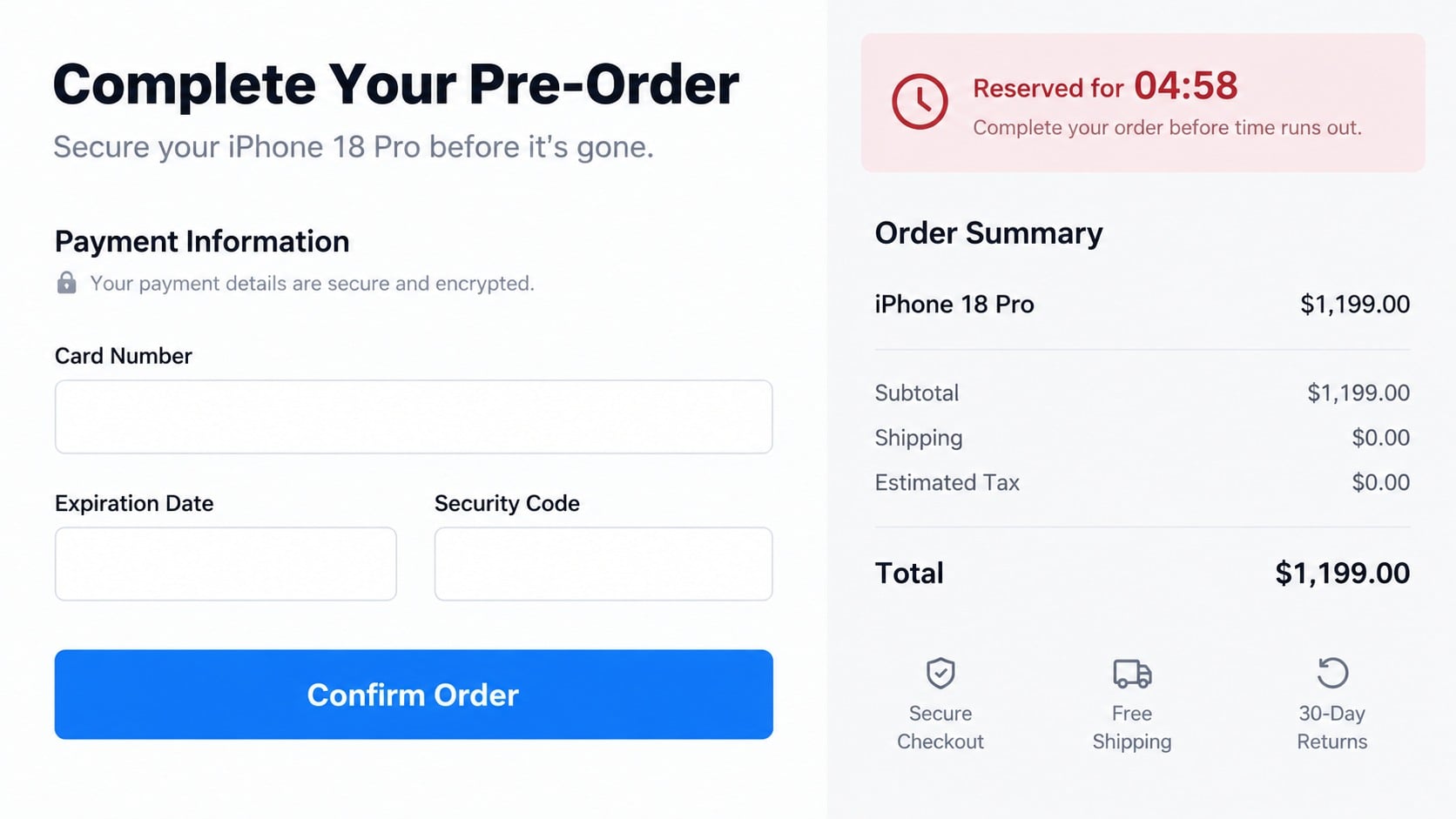 iPhone 18 Pre-Order Scam Sites: How Fake Apple Stores Steal Your Money 2 Reconstructed phishing checkout requesting card details for an iPhone 18 pre-order