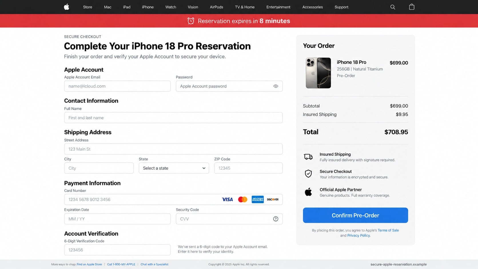 Reconstructed fake iPhone 18 Pro checkout requesting Apple Account and card details