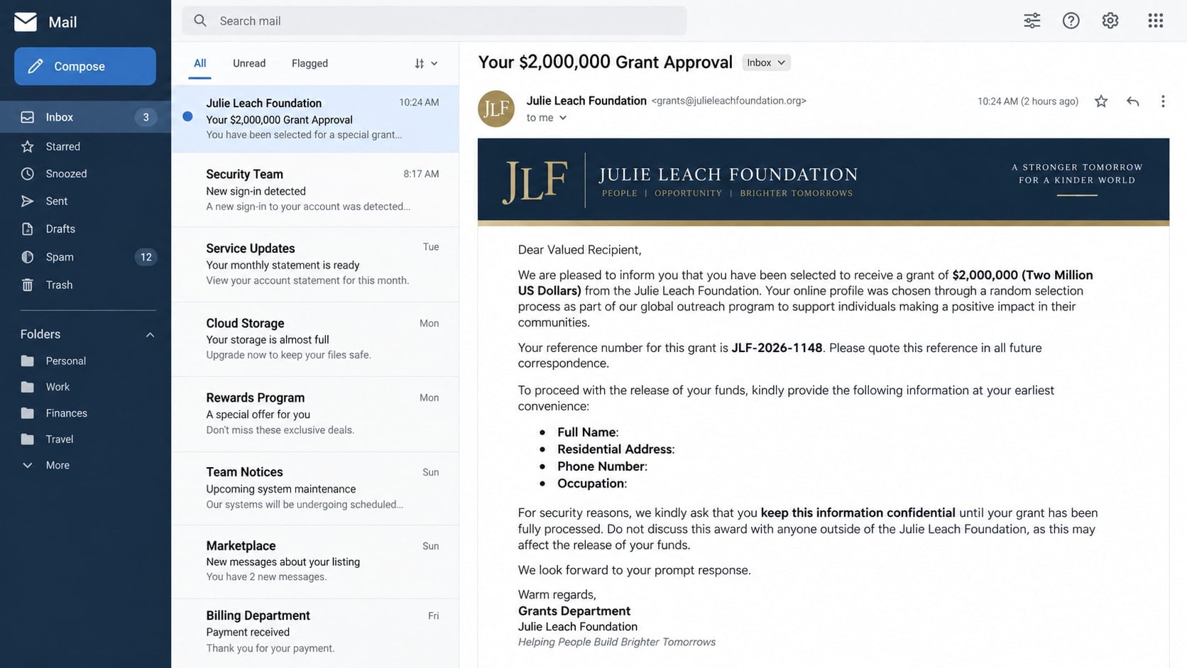 Julie Leach Grant Scam: How Fake $2 Million Awards Steal Your Money Online 1 Reconstructed Julie Leach grant scam email promising a $2,000,000 award