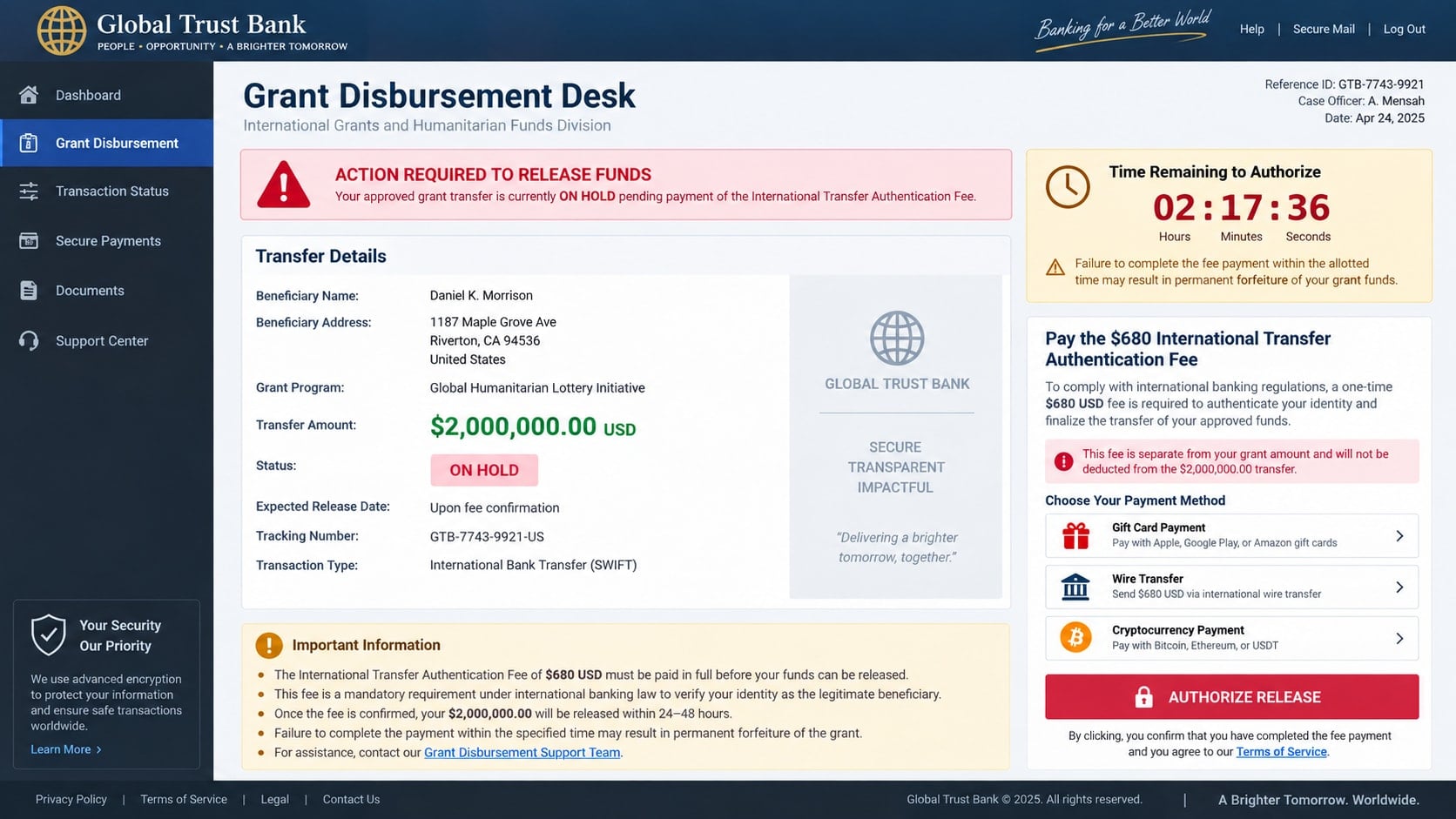 Julie Leach Grant Scam: How Fake $2 Million Awards Steal Your Money Online 2 Reconstructed fake grant disbursement page demanding a transfer authentication fee