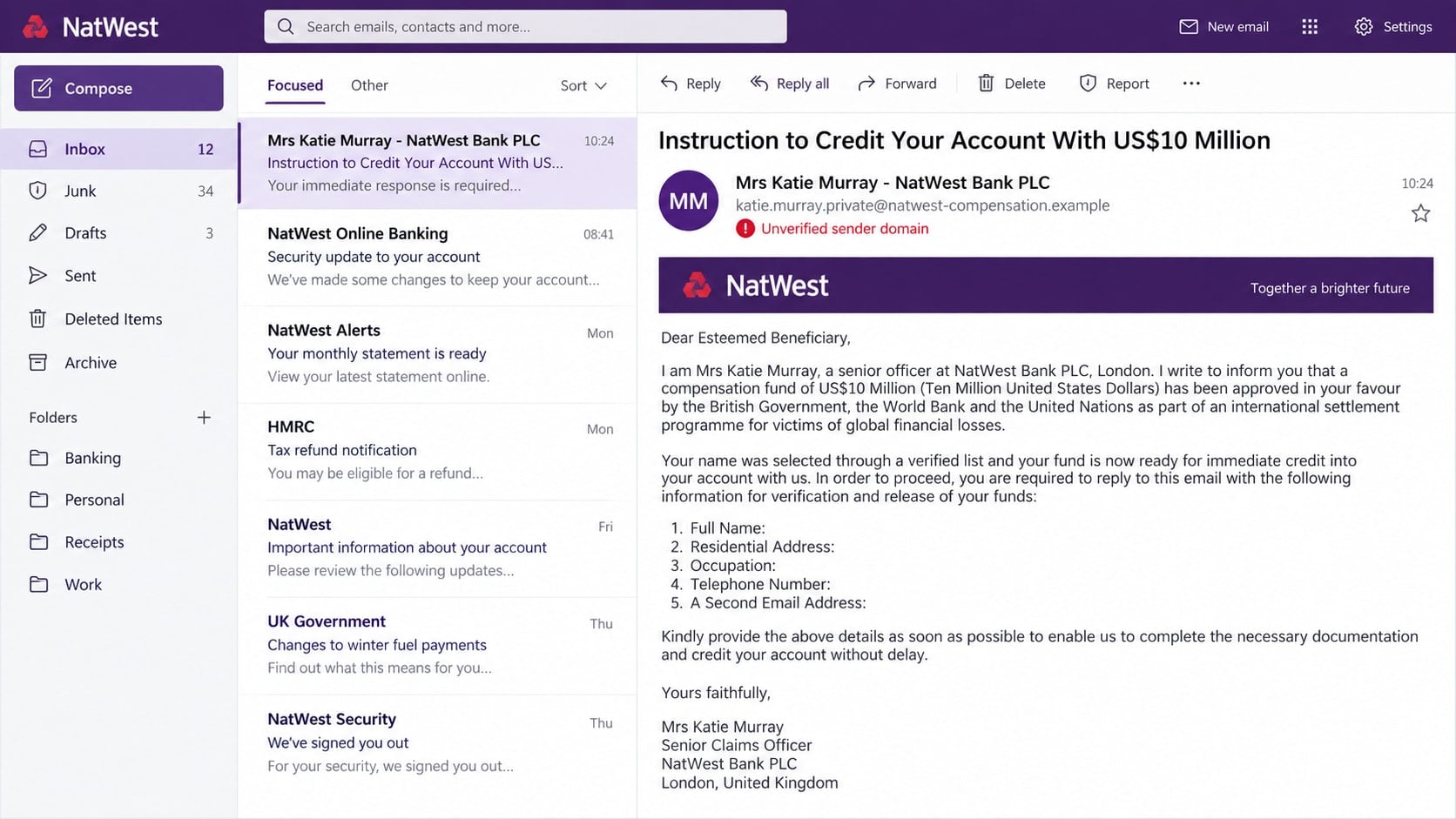 Katie Murray NatWest Scam Email: How the Fake $10 Million Fund Trick Works 1 Reconstructed Katie Murray NatWest scam email promising a $10 million compensation fund